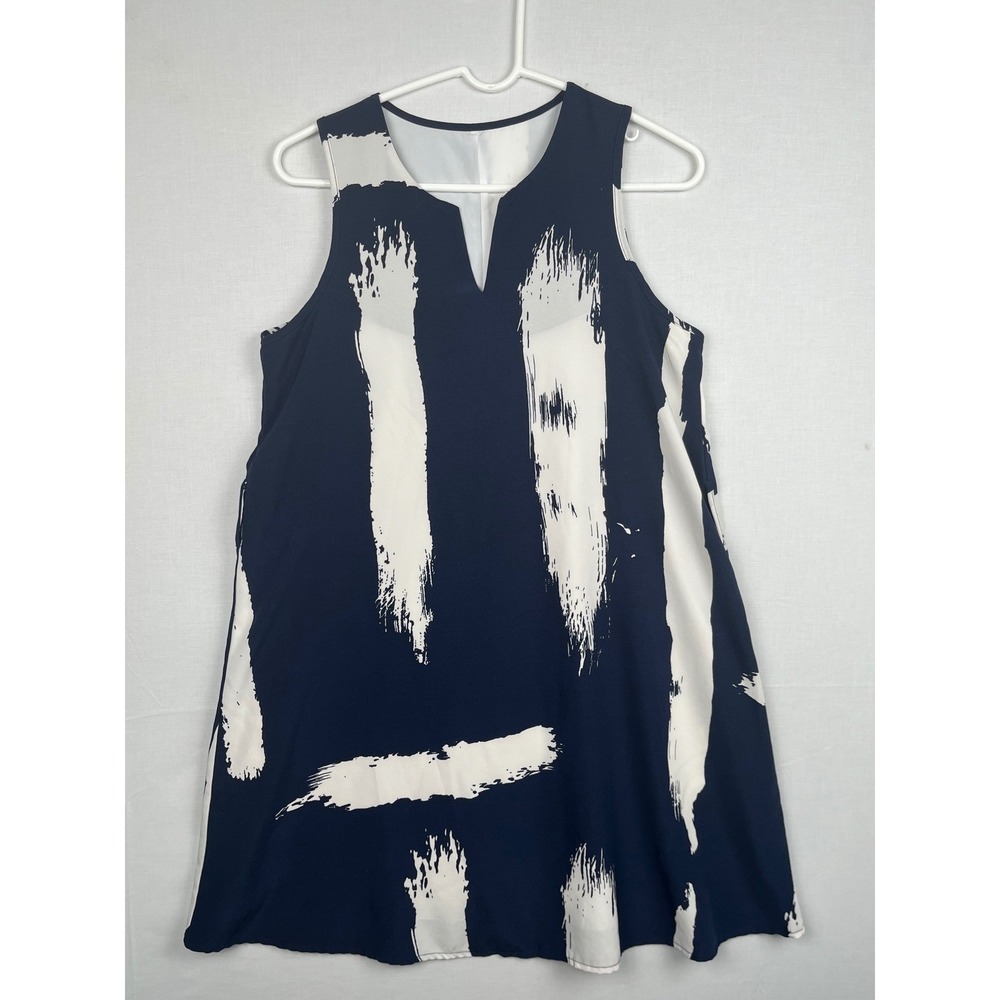 Unbranded Navy Blue White Brushstroke Print Sleeveless A-Line Dress Split V-Neck
